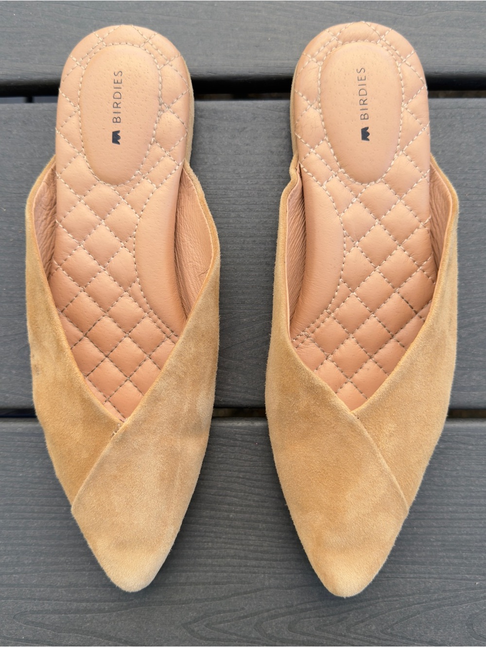 Birdies The Swan Golden Oak Suede Pointed Toe Mule Flats Size 7.5 Quilted Insole - Picture 2 of 16